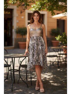 Sky Snake Print Dress With Faux Leather Bodice & Straps Size Medium